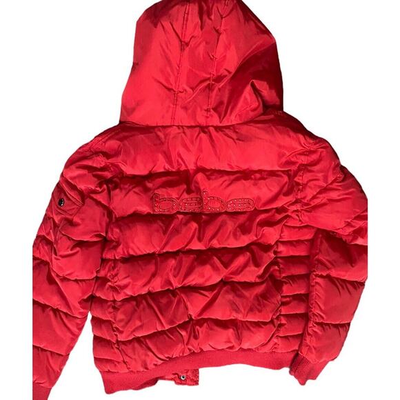 BEBE Red Hooded Puffer Jacket Coat Women L Faux Fur Short Rhinestone - Picture 3 of 16